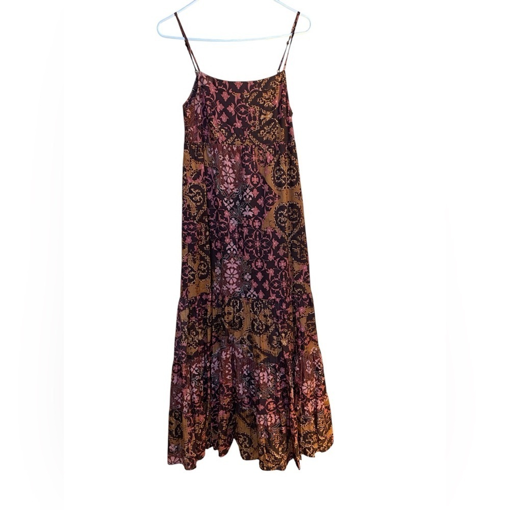 Sundance Brown & Peach Floral Tiered Sundress with Adjustable Straps, Size 6.